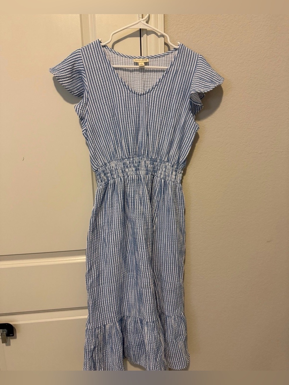 Maison Jules women blue and white striped linen midi dress size L